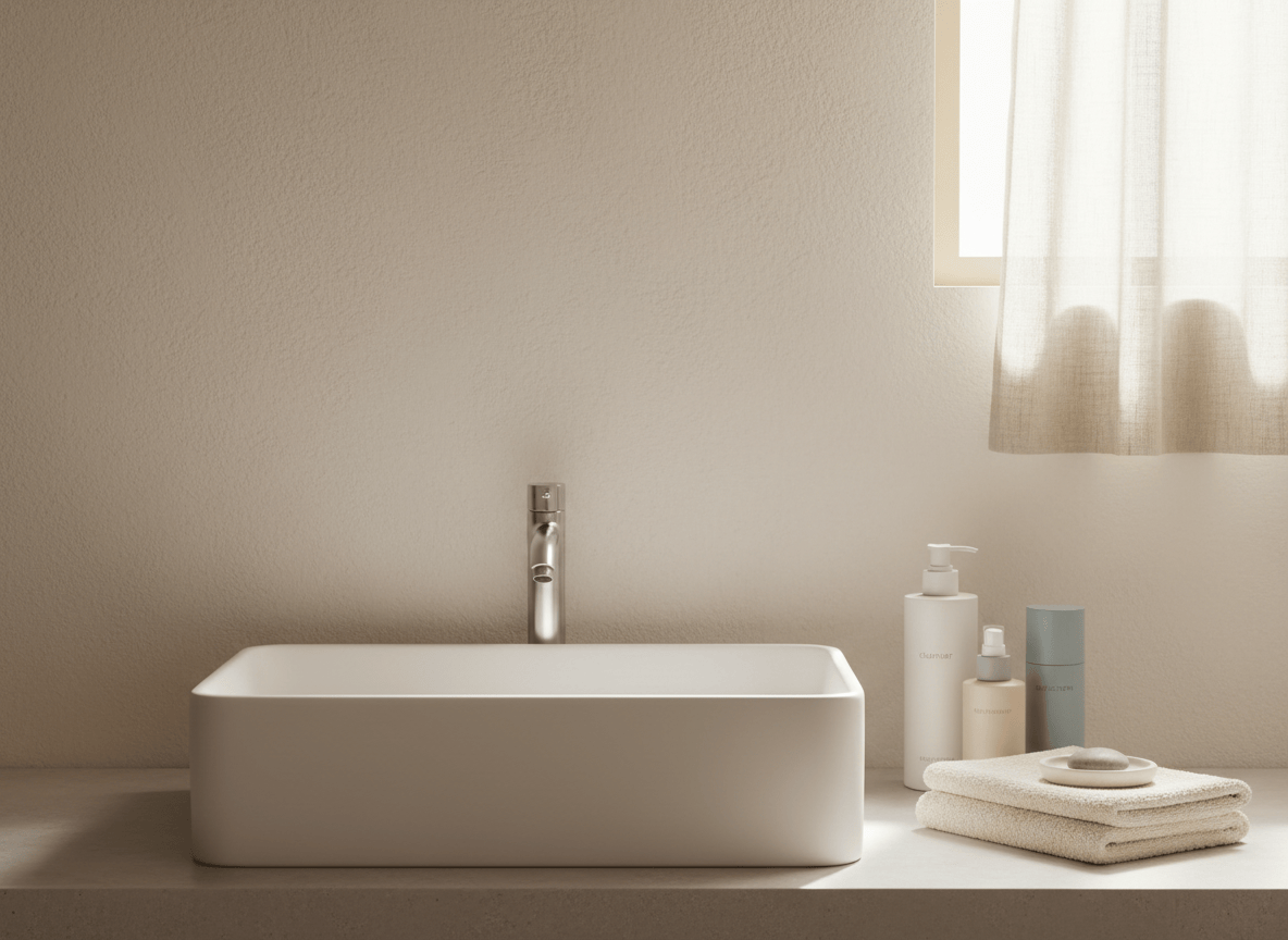 Cleanser, moisturizer, and sunscreen arranged beside a white sink in gentle morning light.