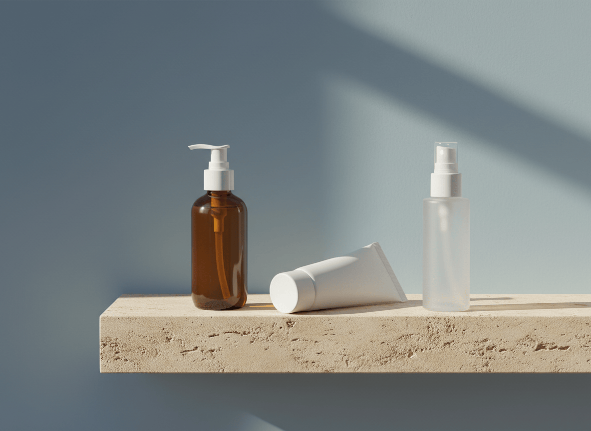 Minimal cleanser, moisturizer, and sunscreen on an ivory shelf in soft morning light.