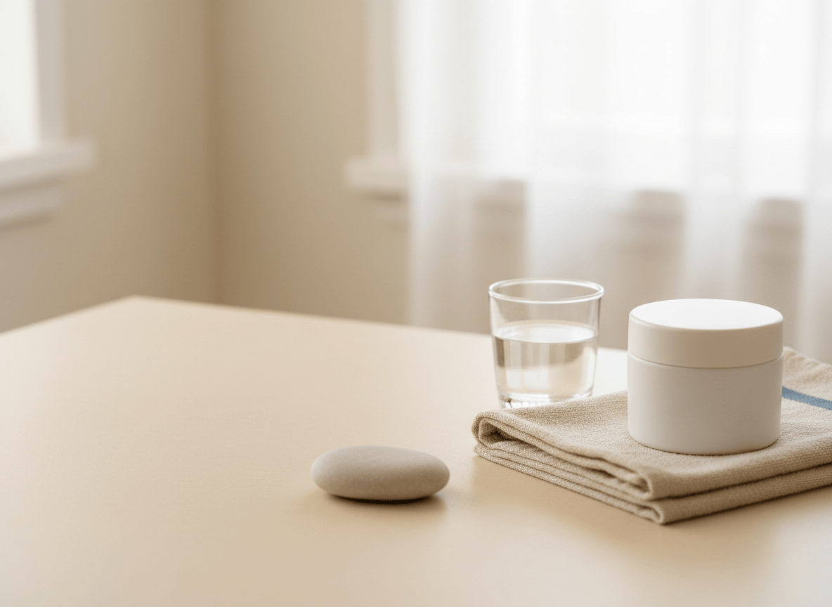 Moisturizer jar, cotton towel, and pale stone on a calm cream counter in soft daylight.